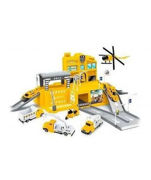 Pista de carro con helicóptero, camiones, carros, juguete