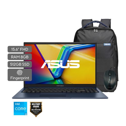 Laptop Asus Vivobook 15 Intel Core i3-1215U 8Gb 512Gb 15.6" FHD FreeDOS Azul + Mochila & Mouse